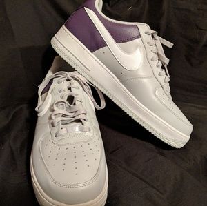 Nike Air Force Ones Purple Silver and White.